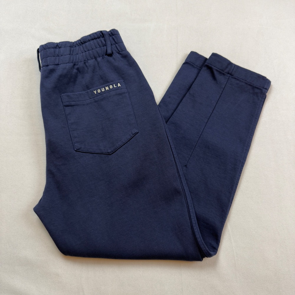 YOUNGLA Navy Blue Relaxed Fit Pleated Elastic Waist Trousers Men Casual Pants
